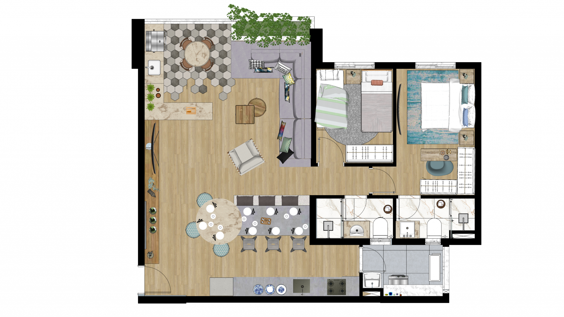 Planta do Apartamento Arken de 75m² 2 dorms.
