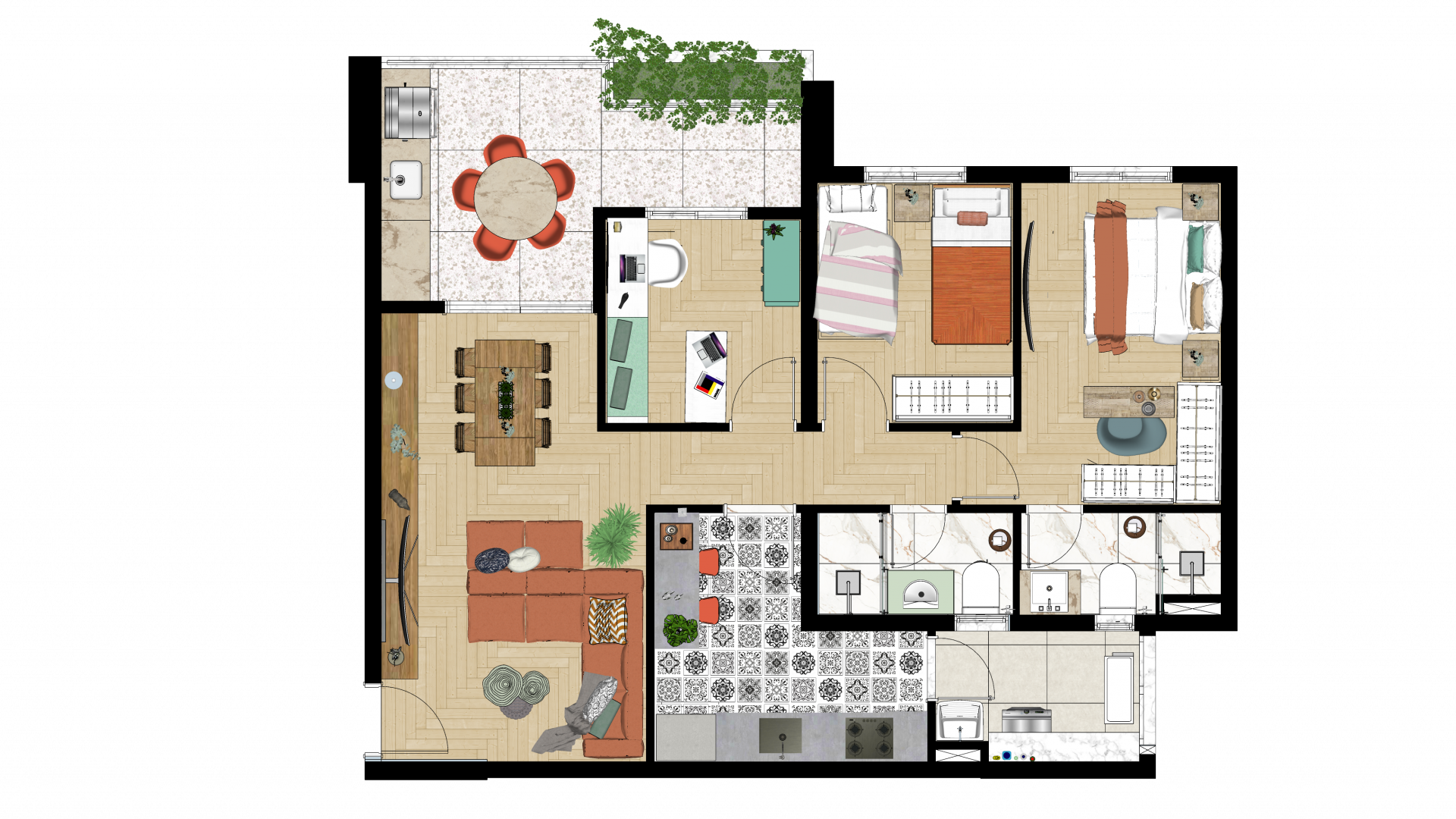 Planta do Apartamento Arken de 75m² 3 dorms.